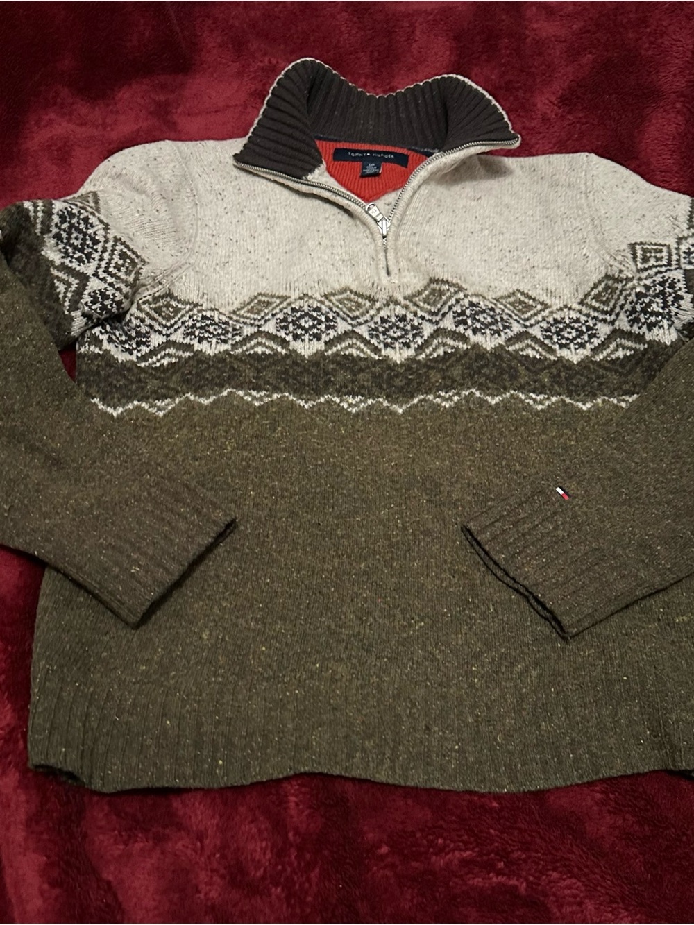 Tommy Hilfiger Olive & Cream Fair Isle Quarter-Zip Sweater